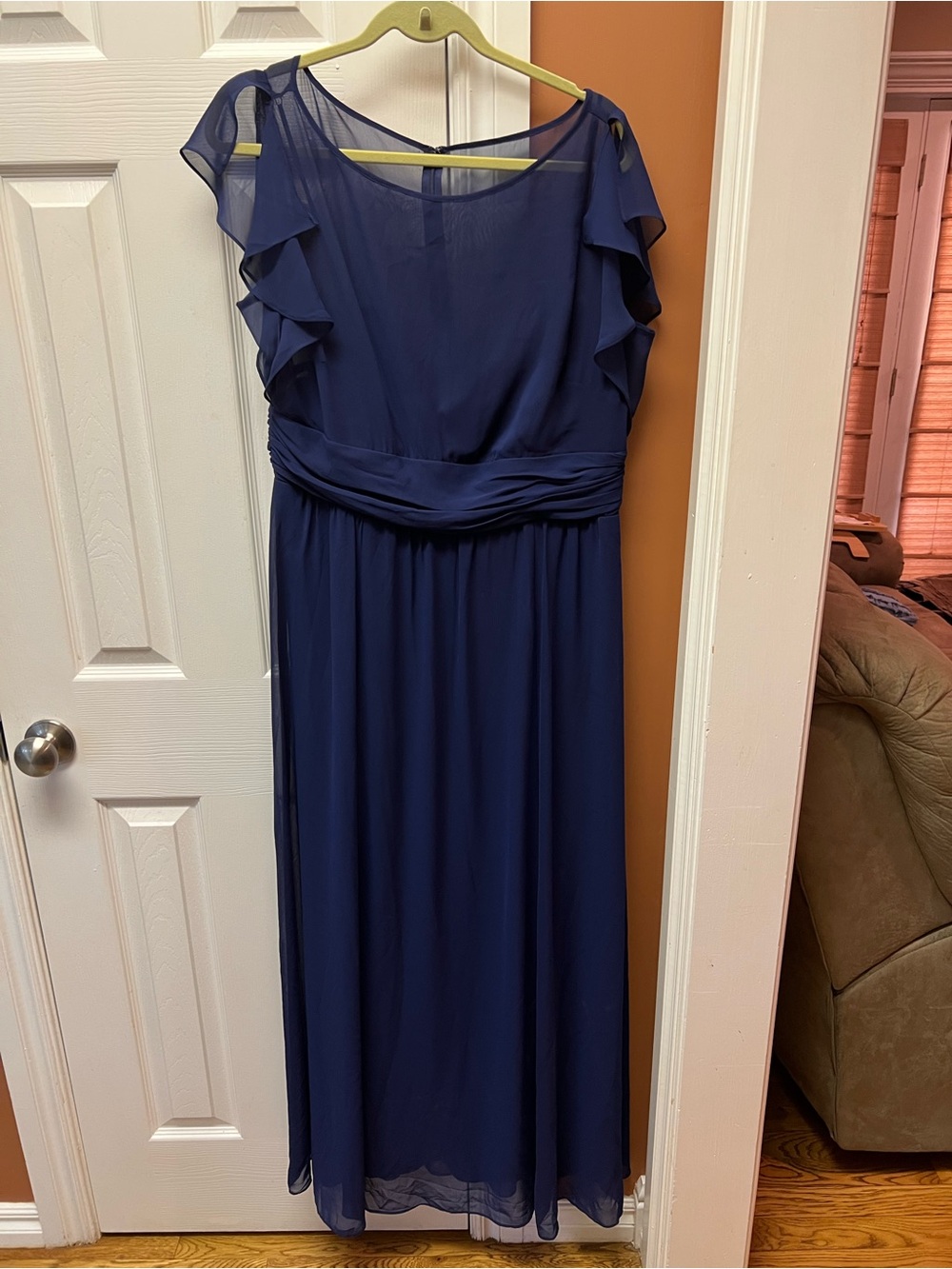 Chaps Navy Chiffon Maxi Dress with Ruffle Cap Sleeves